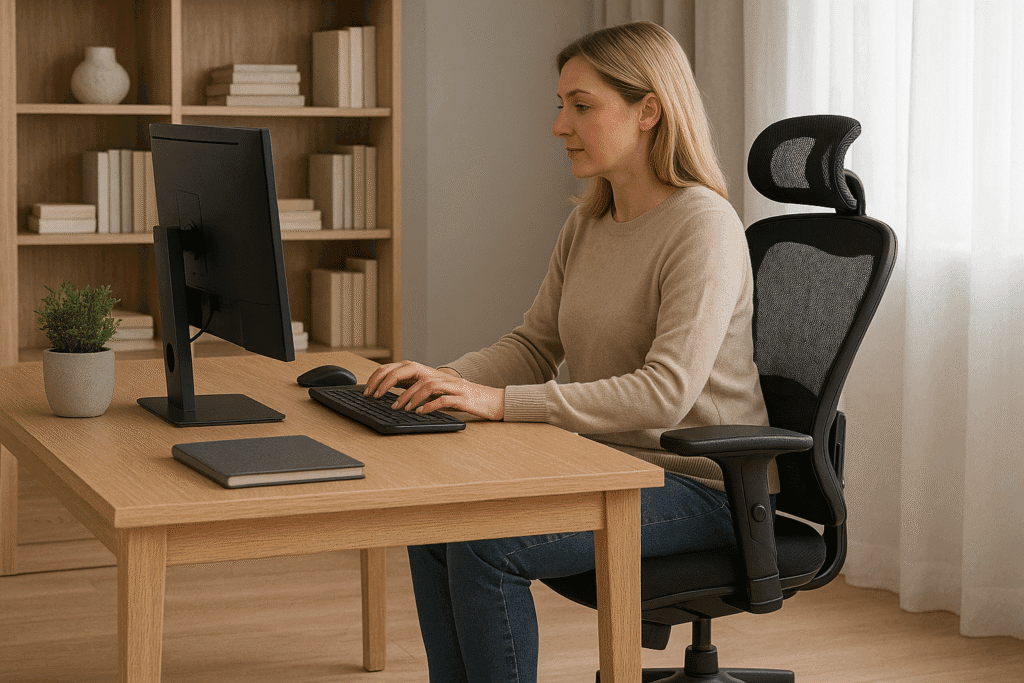 A blonde woman sits comfortably in a black mesh ergonomic chair at a minimalist wood desk, typing on a computer in a bright, cozy home office with bookshelves and curtains