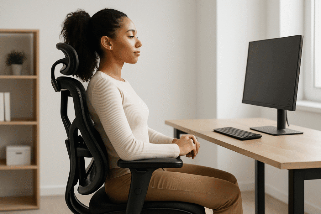 A young African American woman sits comfortably in a black ergonomic chair with mesh back and armrests, typing on a laptop at a wooden desk near a window