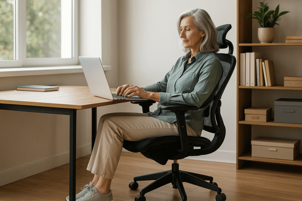 A mature woman with light brown hair sits upright in a black ergonomic chair with mesh back, typing on a laptop at a tidy wooden desk near a window.