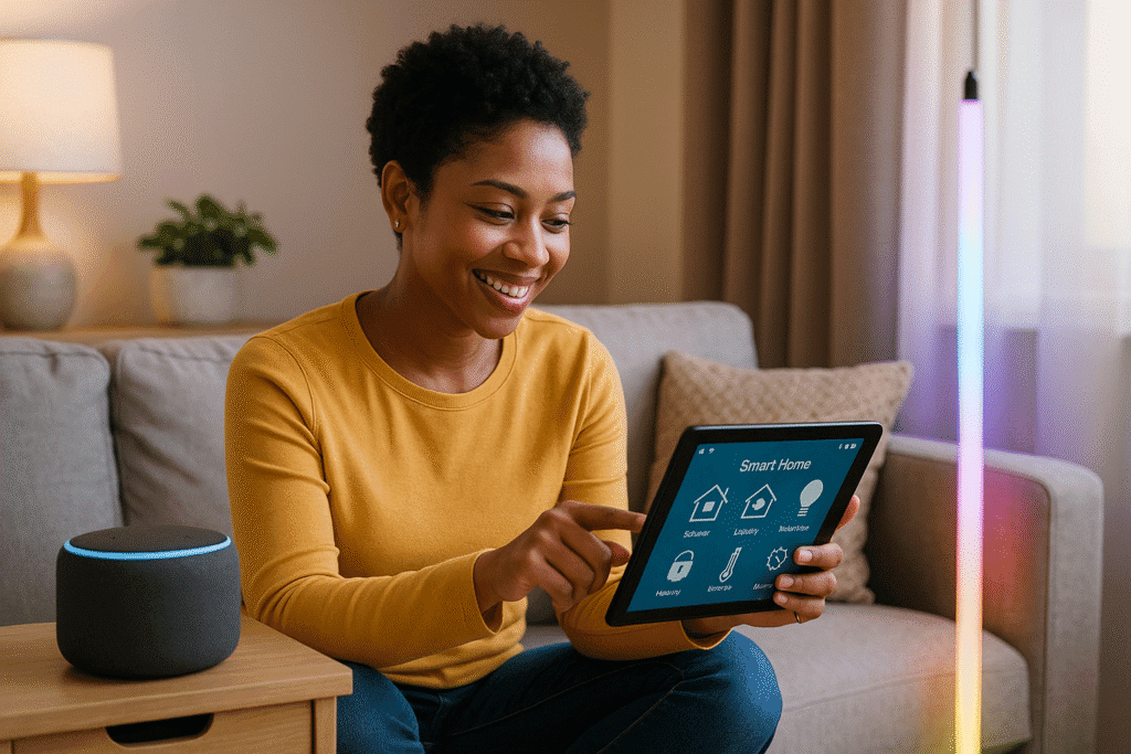 A young African American woman in a mustard shirt smiles while controlling her smart home setup on a tablet in a cozy living room.