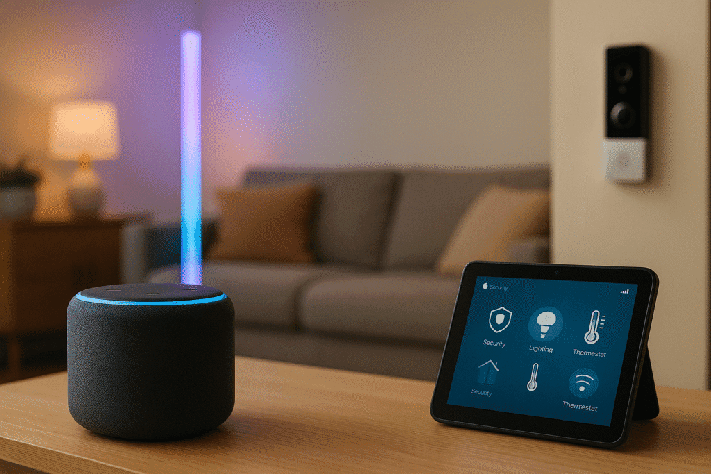 A smart speaker with glowing blue LED ring sits on a wooden table next to a smart display tablet, surrounded by modern furniture and ambient smart lighting.