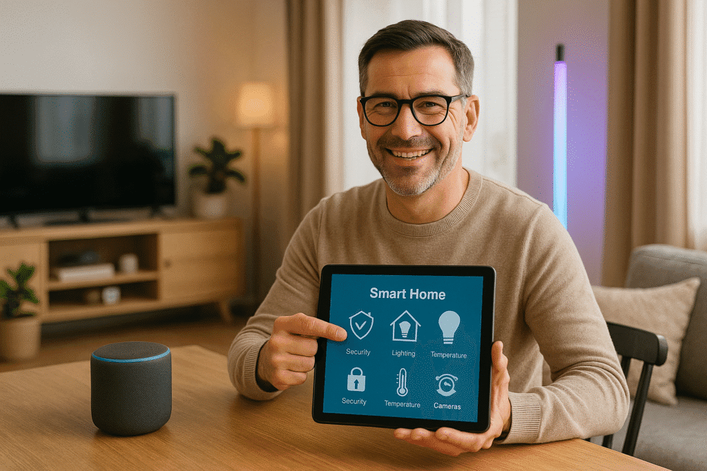 A smiling man in a beige sweater presents a tablet displaying smart home icons at his dining table, with a smart speaker and ambient lighting in the background.