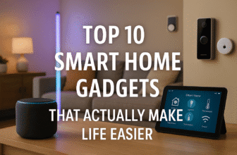 A promotional image of a modern living room displaying smart gadgets like a smart speaker, thermostat, tablet, and video doorbell, with text overlay “Top 10 Smart Home Gadgets That Actually Make Life Easier.”