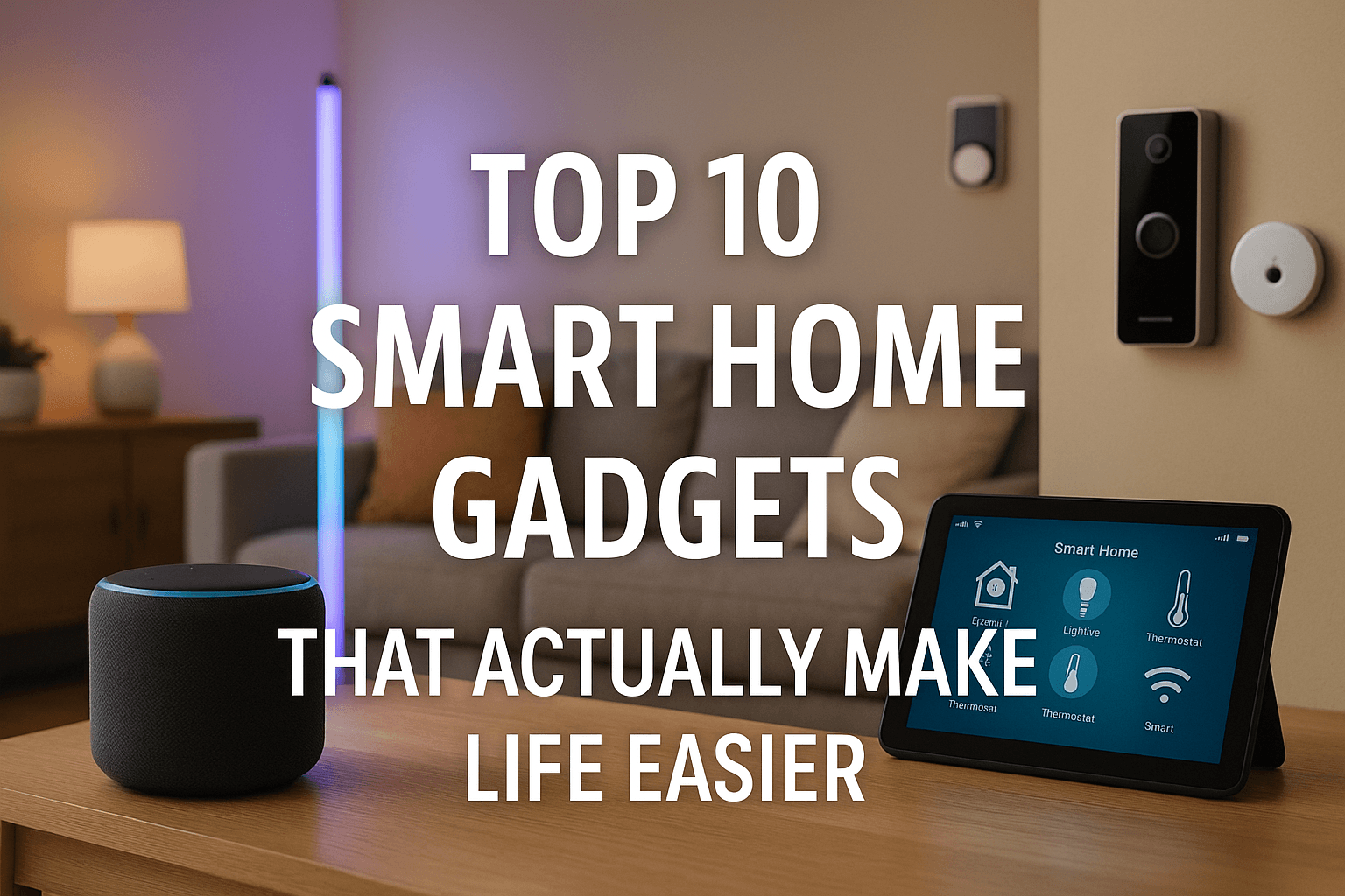 A promotional image of a modern living room displaying smart gadgets like a smart speaker, thermostat, tablet, and video doorbell, with text overlay “Top 10 Smart Home Gadgets That Actually Make Life Easier.”